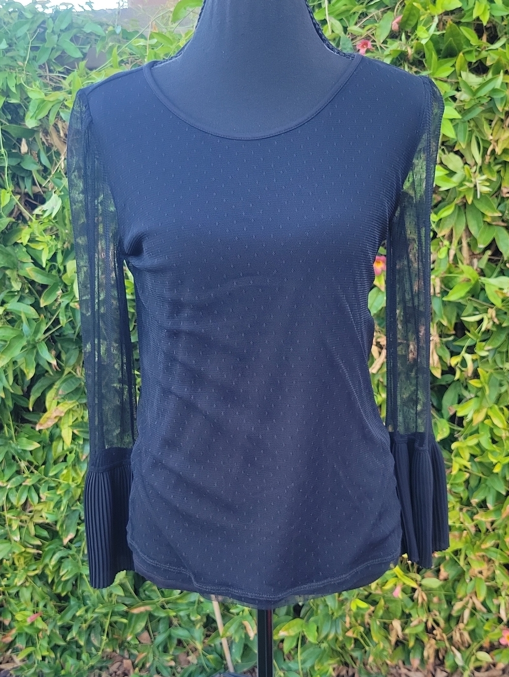Black Dotted Mesh overlay And Sleeve Top With Pleated Flare Cuff XS